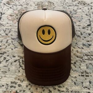 OTTO Brown and Cream Trucker Hat with Yellow Smiley Patch
